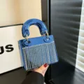 Glossy acrylic mini evening handbag with sparkling rhinestone fringe, elegant party top handle bag. - C025 Blue