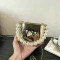 Elegante borsa da sera in acrilico con perle, cornice in metallo e tracolla, pochette donna. - Serie A141 / Oro