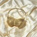 Exquisite gold rhinestone bow evening bag with beaded handle and chain strap for women detail - Gold