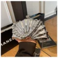 Fashion glossy shell acrylic shoulder bag, elegant metallic evening clutch for women. - Beaded Handle (C032) / Silver