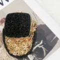 Mini schwarze Strass Abendtasche mit goldenen groben Ketten für Damen Mode Party. - A169 Quadratischer Stil / Schwarz