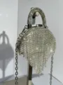 Elegante runde Strass-Abendtasche mit Fransen und Metallkettenriemen für Damen. - Langer Halbkreis-Stil (A079 Silber Stil Zwei)