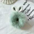 Fluffy green hair scrunchie with cute rabbit ears, soft plush hair accessory for daily wear. - Light Green