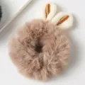 Brown plush rabbit ear hair scrunchie, cute fluffy hair tie for women and girls daily wear. - Khaki