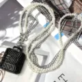 Portachiavi borraccia strass e mini borsa a tracolla con catena di perle, accessorio moda. - Fiaschetta (Doppia Catena di Perle) / Nero