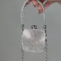 Silberne Strass Mini Abendtasche Handtasche mit Metallkettengriff und funkelnden Steinen - Quadratisch (Kleiner Strass) / Silber