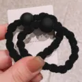 Black braided hair ties with matte round beads, simple elastic ponytail holders for women. - Black
