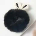 Black plush rabbit ear hair scrunchie, cute fuzzy hair tie for women and girls daily styling. - Black