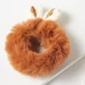 Cute plush hair scrunchie with bunny ears, brown fluffy hair band variant for women. - Red Brown