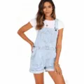 Women light blue denim overalls romper casual summer sleeveless denim shorts with white t-shirt - S / Light Blue