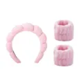 Rosa flauschiges Schwamm Stirnband und Handgelenkband Set für tägliche Gesichtsreinigung Spa. - Set aus Stirnband und Armbändern / Rosa