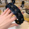 Detailed shot of black braided rhinestone headband, sparkling crystal hair decor. - Braided Rhinestone Headband / Black