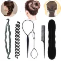 Close-up detail van de 6-delige haarstyling-gereedschapsset met spons-knotmakers. - Armband Set van Zes Stijl 3 / Zwart