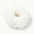 White plush hair scrunchie detail view, soft faux mink fur texture, comfortable hair accessory. - Off White