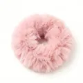 Close-up detail of the pink fluffy hair scrunchie, soft faux mink fur texture for sweet styling. - Pink