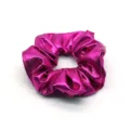 Metallic pink hair scrunchie detail shot, shiny fabric hair accessory for women styling. - Rose Red