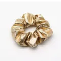 Gold metallic hair scrunchie detail view, shiny elastic hair band for women and girls daily wear. - Gold