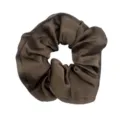 Brown satin scrunchie for women, elegant hair tie for simple ponytail and daily fashion use. - Taupe Ruffle Edge Scrunchie