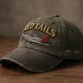 Vintage washed cotton baseball cap with Red Tails embroidery and fighter plane design. - Dark Gray