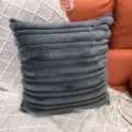 Dark grey faux rabbit fur striped pillow cover, soft plush square cushion case for sofa. - Gray