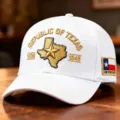 Vista dettagliata del berretto da baseball bianco ricamato con mappa del Texas e toppa laterale. - Adulto 56-60cm Regolabile / Bianco