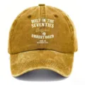Vintage washed baseball hat detail, distressed cotton cap with seventies text print. - Adult 56-60cm Adjustable / Turmeric
