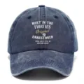 Detailed front view of the vintage washed navy blue baseball cap showcasing retro slogan. - Adult 56-60cm Adjustable / Navy Blue