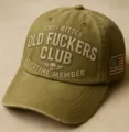 Vintage washed olive green baseball cap with embroidered novelty club text and flag detail. - Army Green