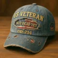 Berretto da baseball in denim slavato con ricamo veterano USA, cappello da sole vintage. - Adulto 56-60cm Regolabile / 4 denim strappato