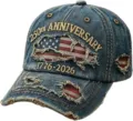 Cappellino da baseball in denim vintage slavato con ricamo anniversario e bandiera. - Adulto 56-60cm Regolabile / 1 denim strappato