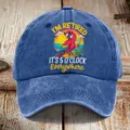 Blue washed cotton baseball cap with retro parrot graphic print, casual sun hat for daily wear - 19