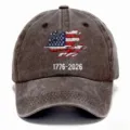 Cappellino da baseball vintage slavato con bandiera USA ricamata e anno 1776-2026 per sport. - Adulto 56-60cm Regolabile / Caffè