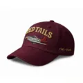 Vintage burgundy cotton baseball cap for men with embroidered airplane design and lettering. - Burgundy