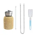 Detailed view of rhinestone stainless steel belly thermos cup set with chain and brush. - 300ml / Pearl Chain + Metal Chain + Brush Set / Bright Gold