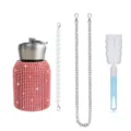 Rhinestone stainless steel belly water bottle with pearl chain and cleaning brush set - 300ml / Pearl Chain + Metal Chain + Brush Set / Red