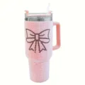 Pink rhinestone 40oz tumbler with handle, straw lid and sparkling crystal bow design. - 40oz / Bow Pattern / Pink