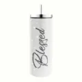 Rhinestone 20oz tumbler stainless steel vacuum insulated skinny cup with straw for travel - Blessed Style (Silver)