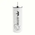 Detailed close-up view of the 20oz rhinestone insulated stainless steel tumbler with Queen crown. - Queen Style (Silver)