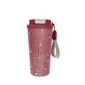 Detailed view of the 18oz rhinestone insulated travel coffee cup with carry strap. - 18oz / Red