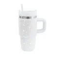 Detailed view of the 14oz stainless steel rhinestone tumbler cup with straw and handle. - 14oz / Silver