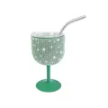 Nahaufnahme des funkelnden Strass-Mini-Weinkelchs mit Strohhalm und Deckel. - 4oz / Grün