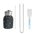 Rhinestone insulated water bottle set with pearl strap, metal chain, and cleaning brush. - 300ml / Pearl Chain + Metal Chain + Brush Set / Black Mesh Black Rhinestones