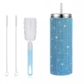 20oz Glitzer Strass Becher mit Strohhalm und Reinigungsbürsten aus Edelstahl Reisebecher Set Neu - 570ml (Inklusive 3 Bürsten) / Dunkelblau