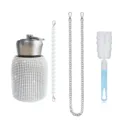 Bling Rhinestone Stainless Steel Thermos Water Bottle with Pearl Chain Cup Brush Portable - 300ml / Pearl Chain + Metal Chain + Brush Set / Silver