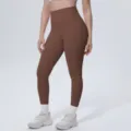 Women high waist brown yoga pants detailed view, breathable fitness activewear for running. - S / Bottoms / Chestnut Brown (7140)