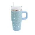 Rhinestone insulated tumbler detail showing sparkling blue crystals, ergonomic handle, and straw. - 14oz / Blue