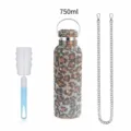750ml Rhinestone Water Bottle Leopard Print Insulated Tumbler with Chain Strap and Cup Brush - 750ml / With Sponge Brush / Gold Leopard Print