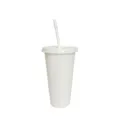 Close-up detail of 24oz white plastic tumbler cup with lid and straw for outdoor drinks. - White