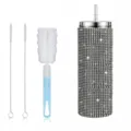 20oz glitzernde Strass Edelstahl Becher Tasse mit Strohhalm und Reinigungsbürsten Set. - 570ml (Inklusive 3 Bürsten) / Silber Strass Schwarzes Netz