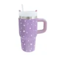 Detailed close-up of sparkly purple rhinestone insulated tumbler with convenient handle and straw. - 14oz / Purple